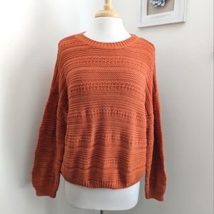 Lush Crochet Knit Crewneck Sweater Boho Orange Rust Large